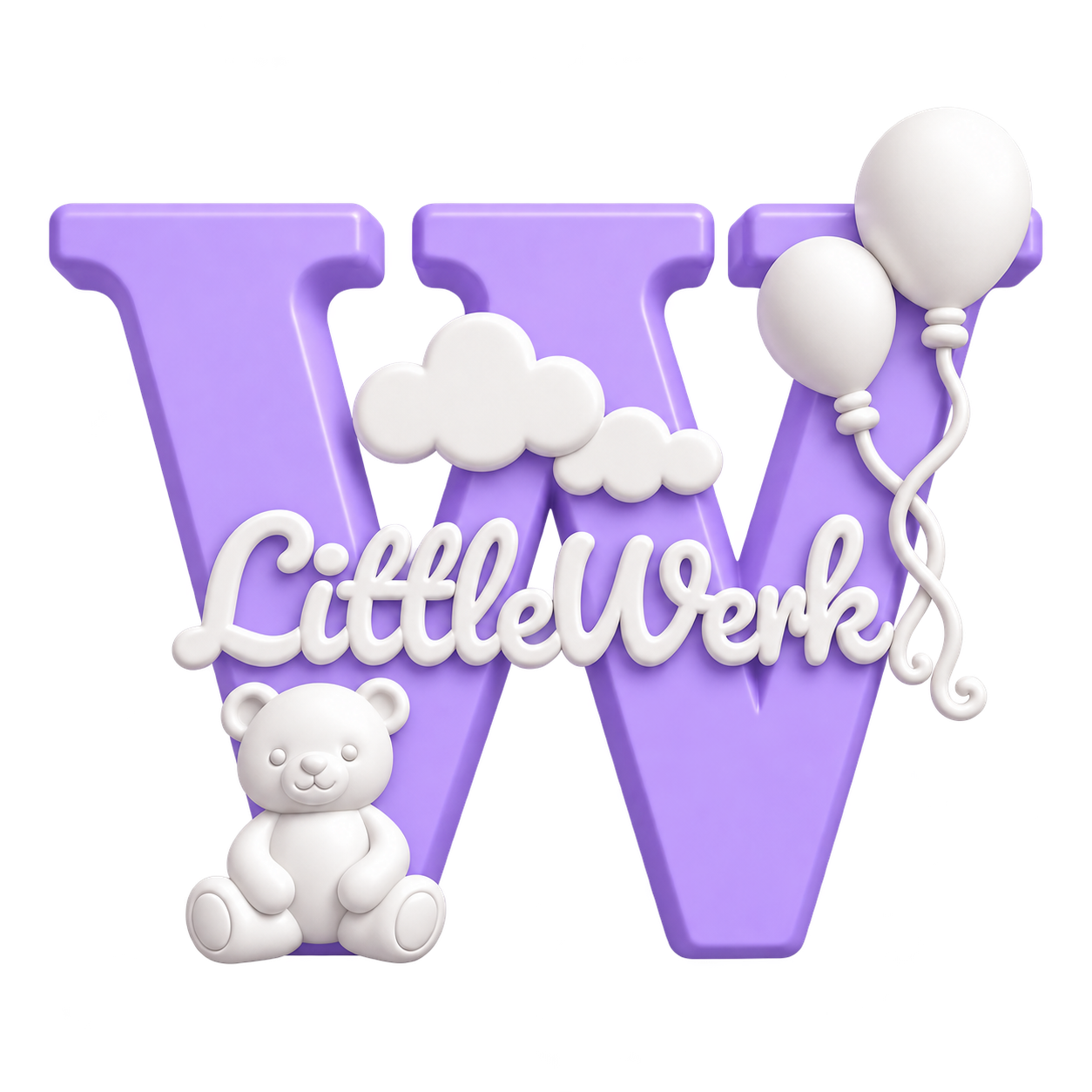 Fliederfarbenes W mit LittleWerk-Schriftzug, Teddy, Wolken und Ballons