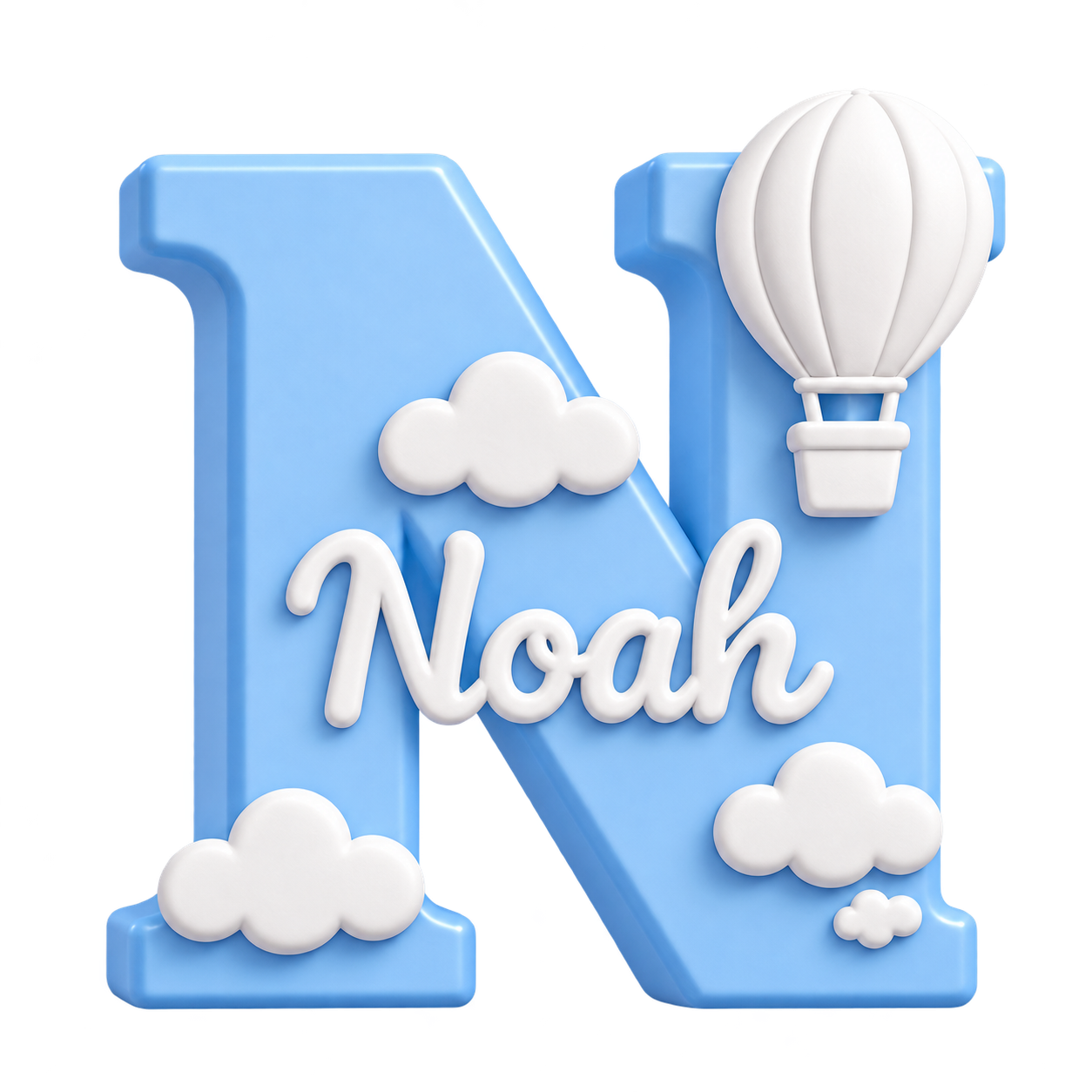 Hellblaues N mit dem Namen Noah, weißen Wolken und Heißluftballon
